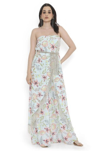 Lavender Embroidered Tube Kurta With Leather Embroidered Belt And Printed Palazzo